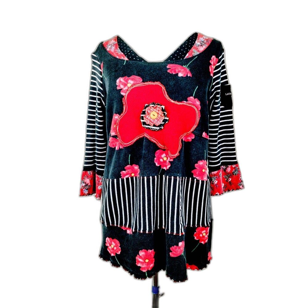 Handmade Womens Tunic Red Black Poppies Stripes Patches Stretch fits up to XXL